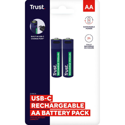 Акумулятор Trust AA 1700 мАг, TYPE-C, 2 шт, синій