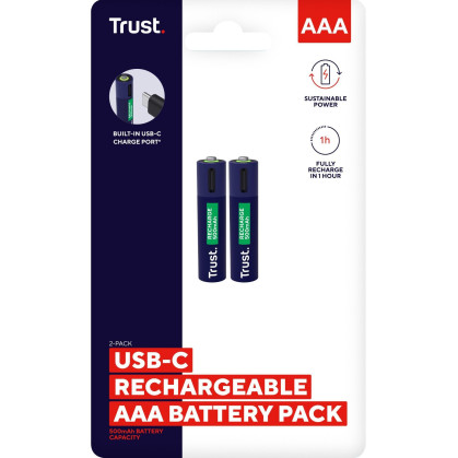 Акумулятор Trust AAА 500 мАг, TYPE-C, 2 шт, синій