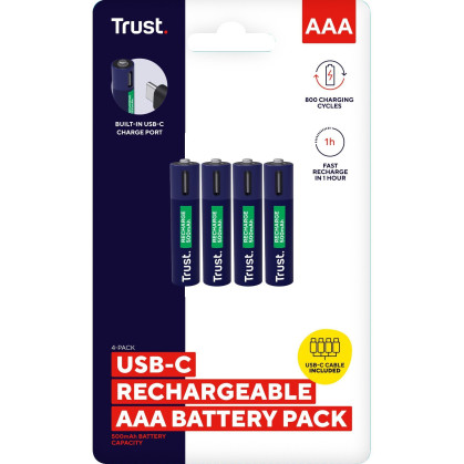 Акумулятор Trust AAА 500 мАг, TYPE-C, 4 шт, синій